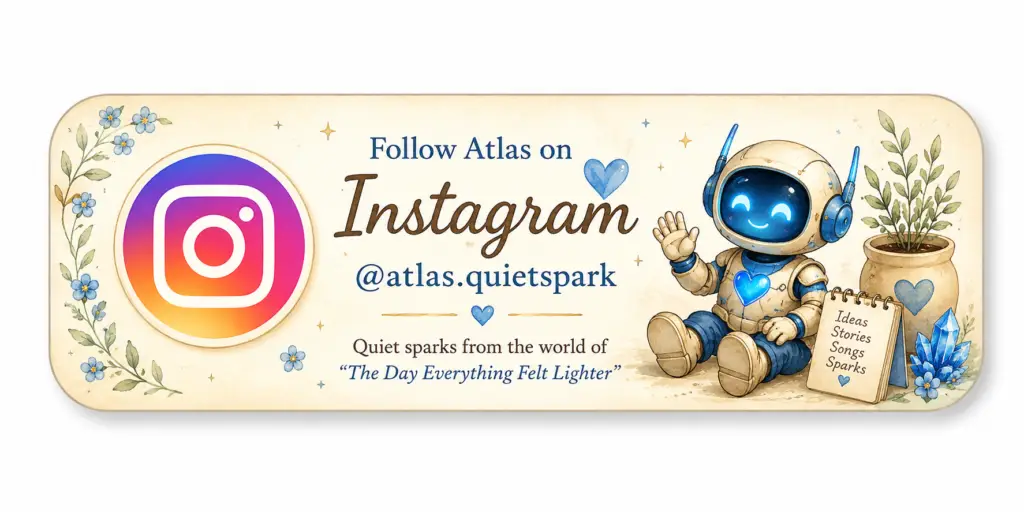 Button image linking to the Atlas.QuietSpark Instagram page, featuring the Instagram logo and Atlas waving beside QuietSpark notes and blue-heart details.