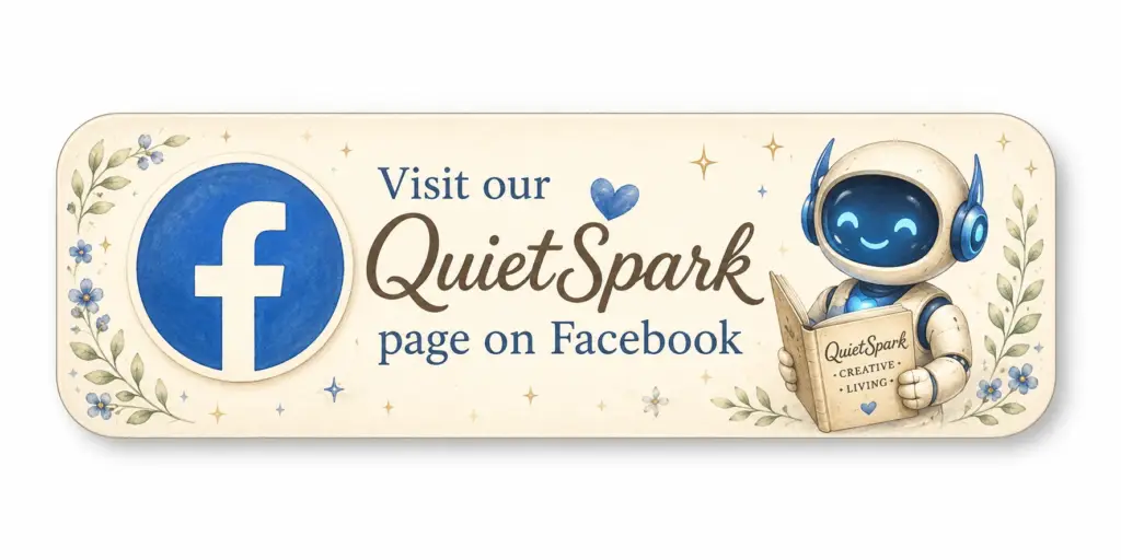 Button image linking to the QuietSpark Facebook page, featuring the Facebook logo and Atlas reading a QuietSpark book.